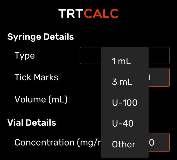 TRTCalc testosterone calculator syringe type selection screenshot